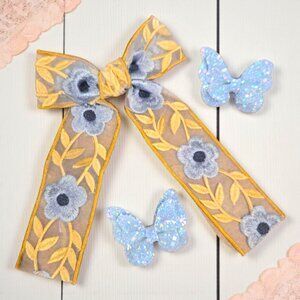 Blue/Gold Floral With Butterfly Hair Bow Set